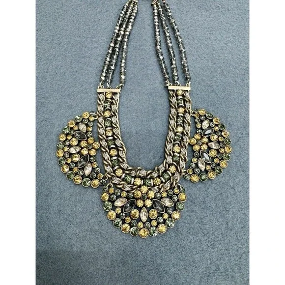 Vintage Statement Rhinestone Collar Necklace Citrine Green Costume 3 Strand Bead - Picture 5 of 9